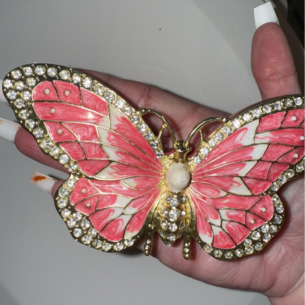 🦋 Kubla Crafts Jeweled Pink & Gold Butterfly Hinged Trinket Box NEW - Picture 9 of 9